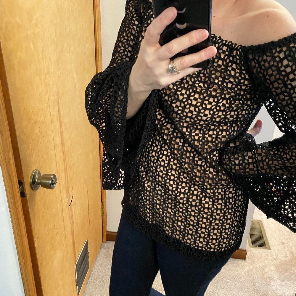 Julian Chang Off Shoulder Black Nude Flare Sleeve Crochet Top